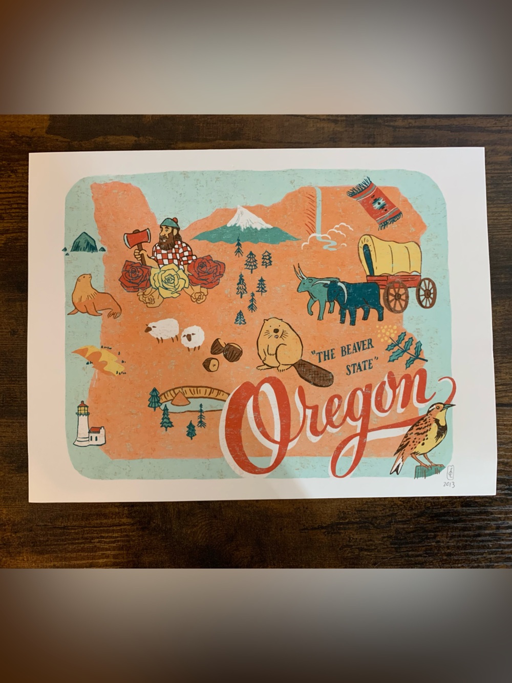 Oregon Art Print – Orange & Teal Map 9”x11” - Chandler O’Leary Initials